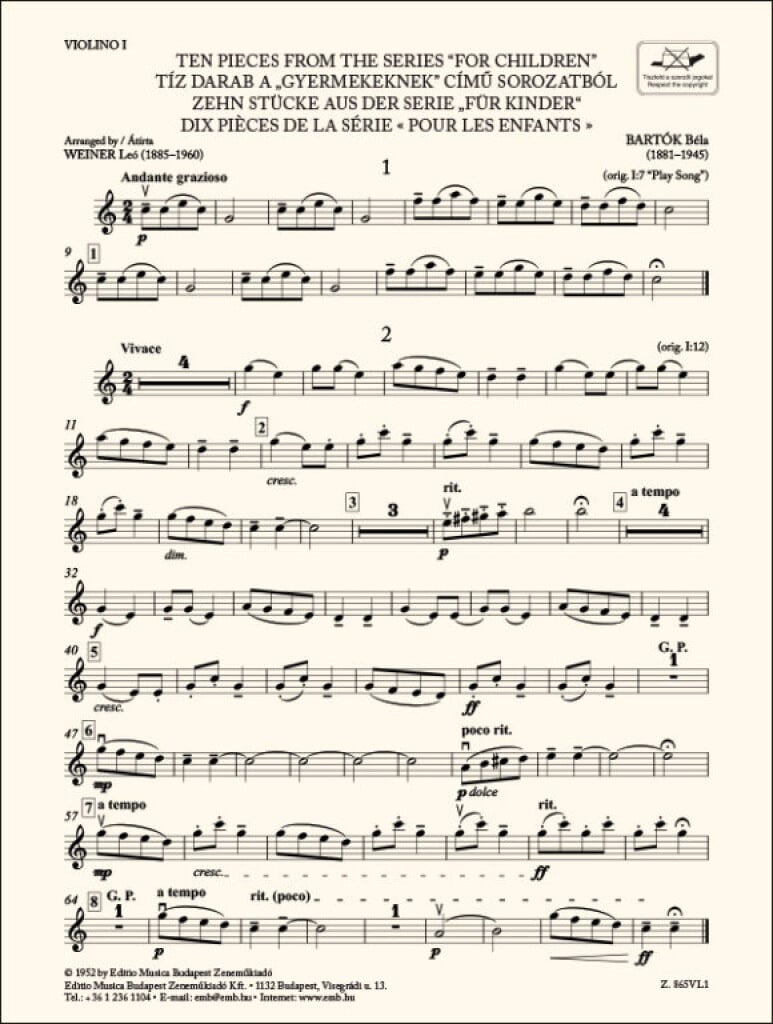 Ten Pieces from the Series 'For Children'-Violin 1